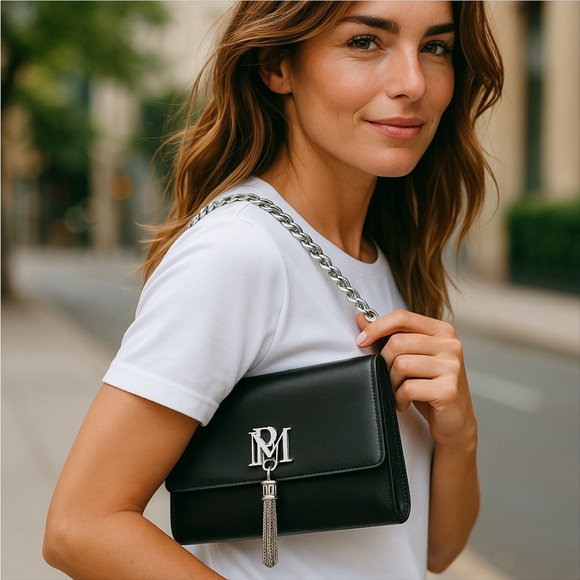 BADGLEY MISHKA - Black Vegan Leather with Gun Metal Hardware Logo, Tassel, Strap - Picture 2 of 16